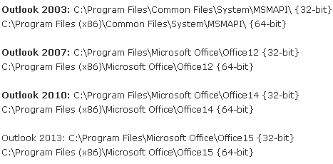 location of MS Outlook