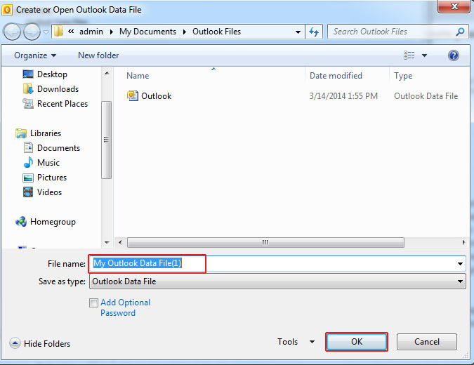 assign name to new pst file