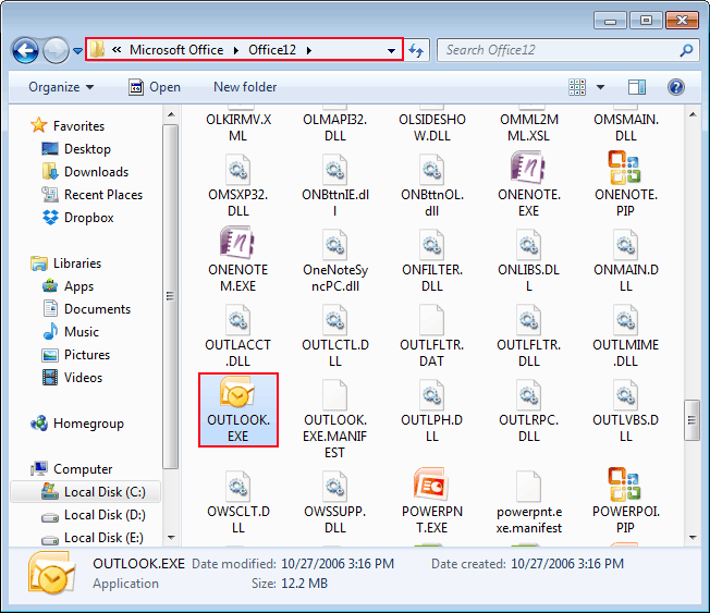 select outlook.exe